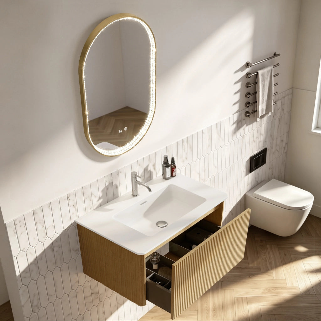 Mobile da bagno con lavabo integrato e specchio LED - per bagno - in MDF - rovere