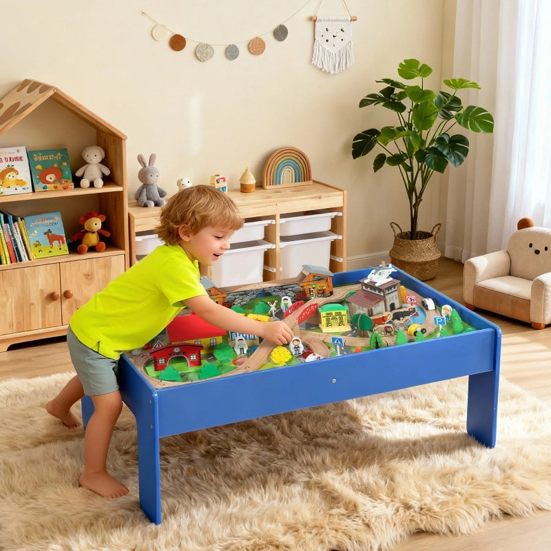 Tavolo da gioco, set di trenino in legno da 108 pezzi, con piano rimovibile, dimensioni: 98x60,5x40 cm, colore blu.