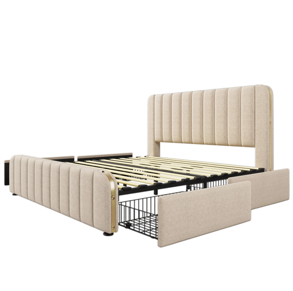 Letto matrimoniale imbottito 180x200 cm in lino beige con 4 cassetti; USB e materasso