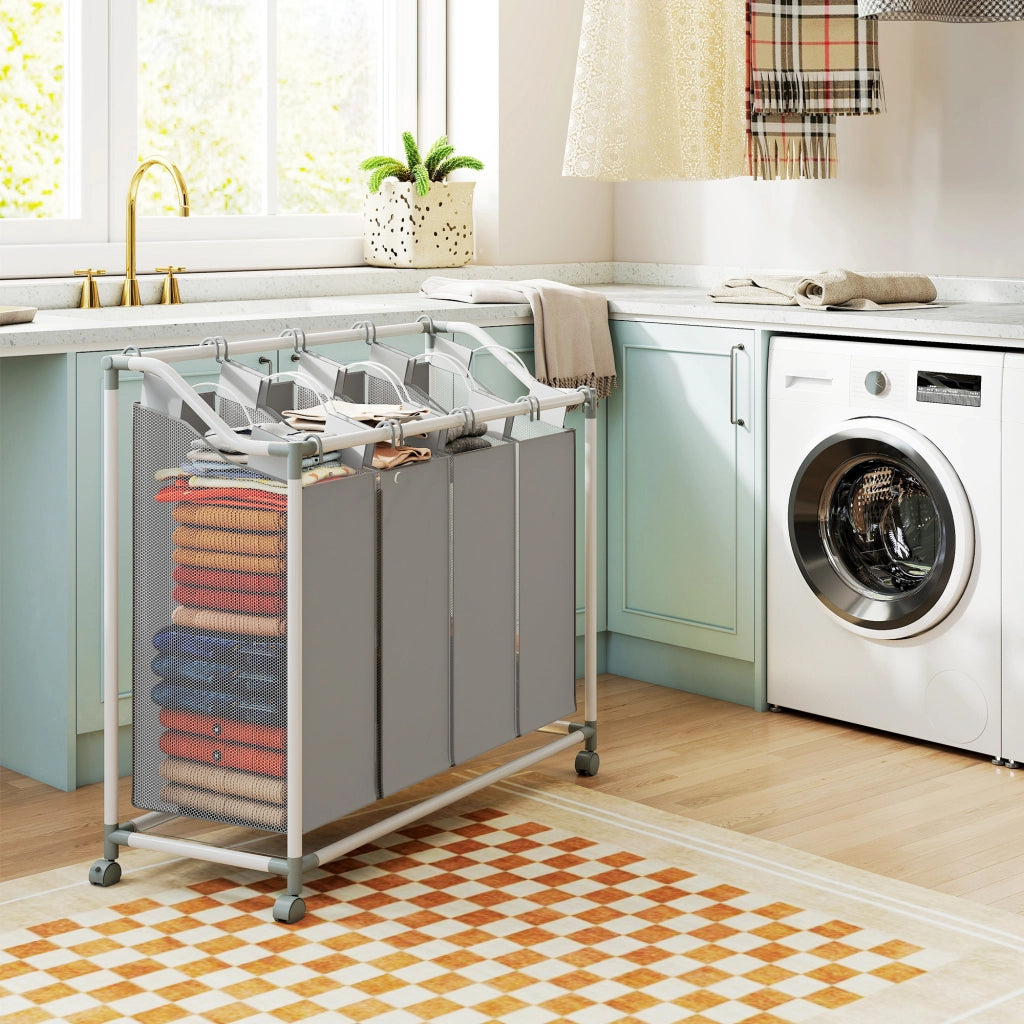 Cesto portabiancheria 4 scomparti 160L ¨C Xylo ¨C con ruote e sacchi rimovibili 97x38x81cm grigio