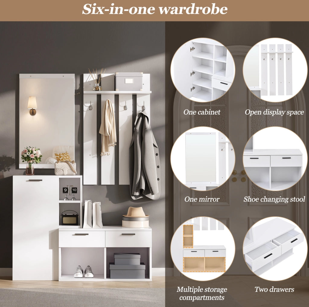 Mobile guardaroba da ingresso con scarpiera; specchio e 2 cassetti; MDF bianco; 120 ¡Á 35 ¡Á 175.5 cm