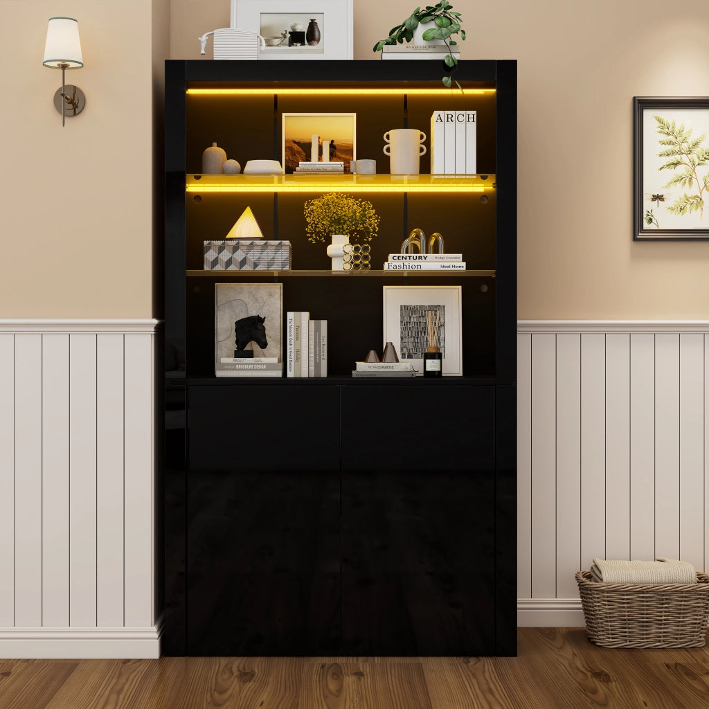 Vetrina con LED regolabile tramite app; due ante; ripiani in vetro; MDF e pannello truciolare nera 100 × 35 × 170 cm