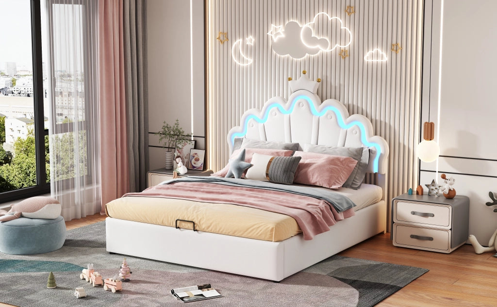 Letto matrimoniale imbottito 140 × 200 cm con contenitore LED regolabili tramite app in PU bianco