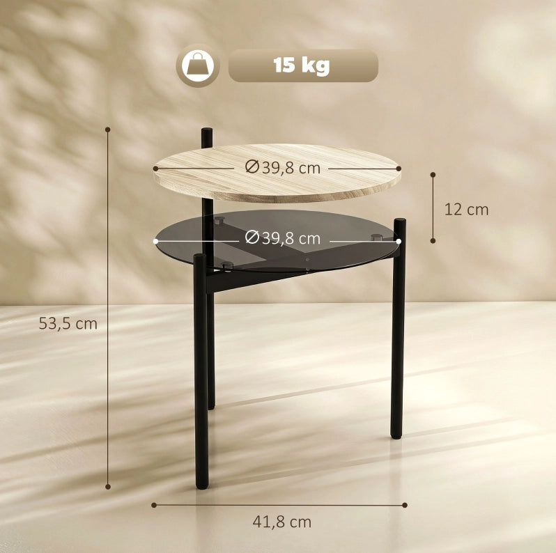 Tavolino laterale compatto 41;8x39;8x53;5 cm con ripiano in vetro color rovere HOMVRA