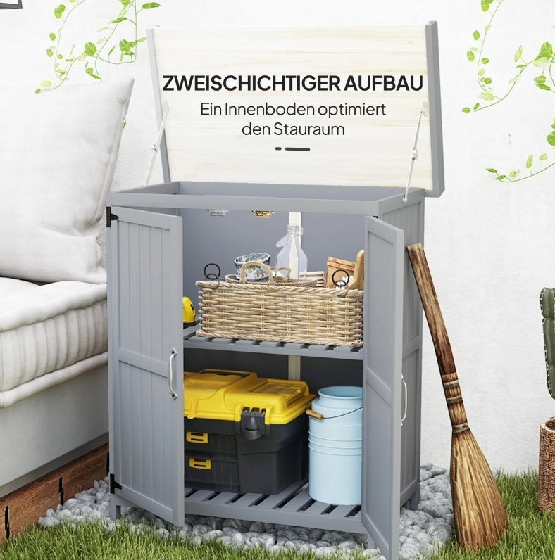 Armadio da giardino in legno e acciaio inox con doppie porte e piano di lavoro, 74x43x88 cm, grigio