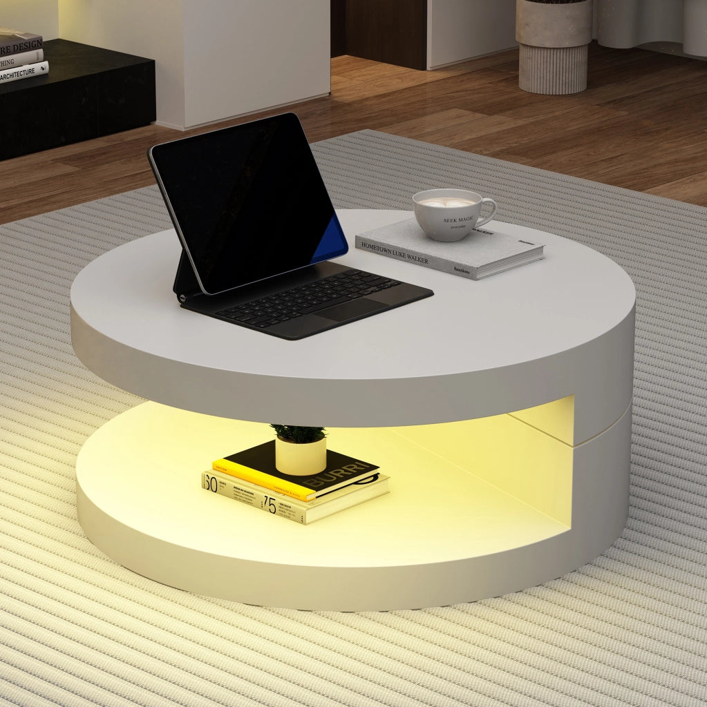 Tavolino da salotto rotondo Ø70 cm con piano girevole 360° e LED bianco HOMVRA