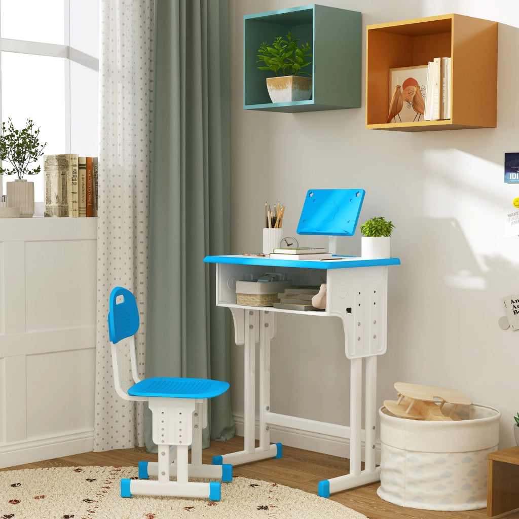 Scrivania e sedia per bambini con leggio portapenne gancio e cassetto 60x45x90-102 cm ¨C Xylo ¨C Blu