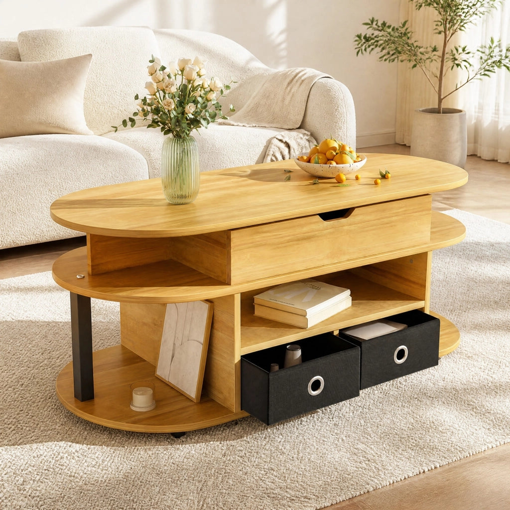 Tavolino da caff¨¨ 105x50 cm con piano sollevabile e 2 cassetti in tessuto nero
