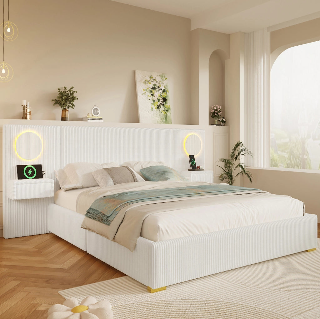 Letto imbottito 180x200 cm con LED, USB e comodini con cassetti in velluto beige
