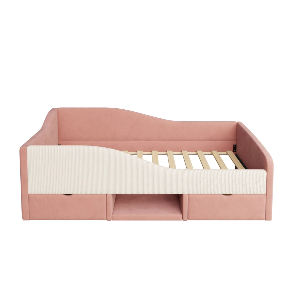 Letto imbottito 90 x 190 cm rosa e bianco con cassetti e sponde