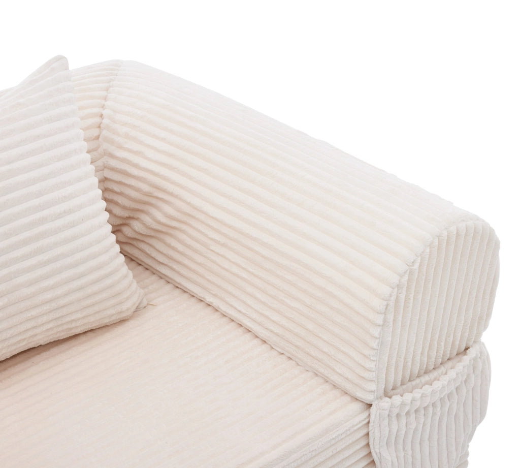 Poltrona letto singola trasformabile in velluto a coste beige con cuscino per ospiti e relax