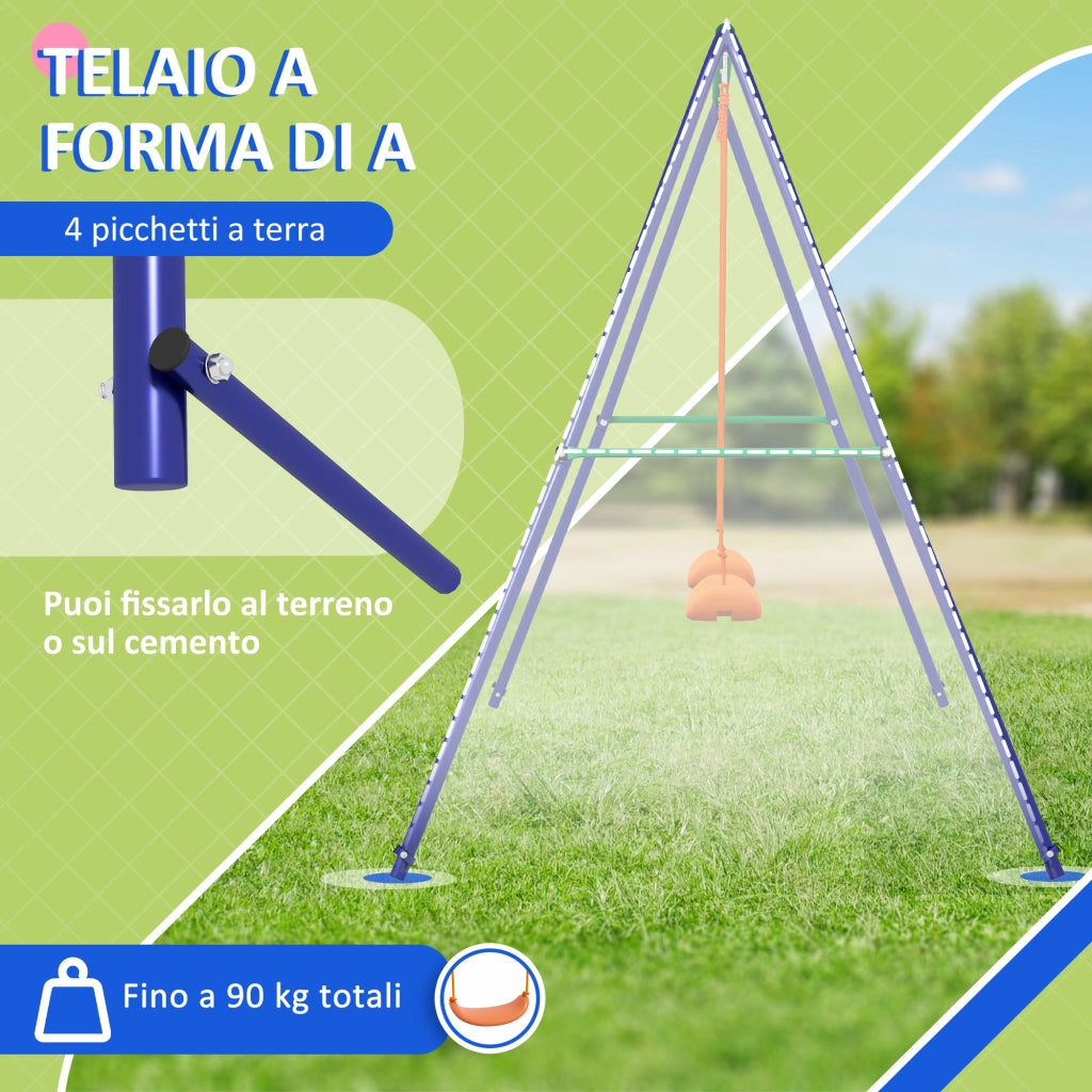 Altalena per Bambini 3-8 Anni con 2 Seggiolini e 4 Picchetti, in Metallo e PP, 269x160x180 cm
