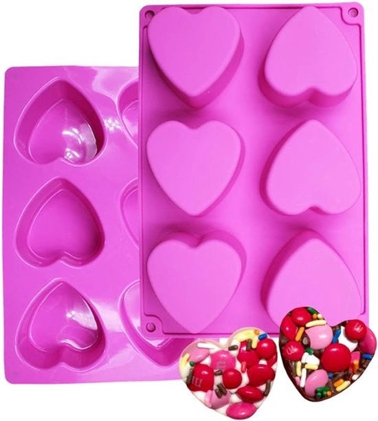 Mold a forma di cuore in silicone con 6 aperture, adatto per la creazione di cioccolato, torta, gelato, budino, sapone artigianale e caramello. La confezione include 2 stampi.