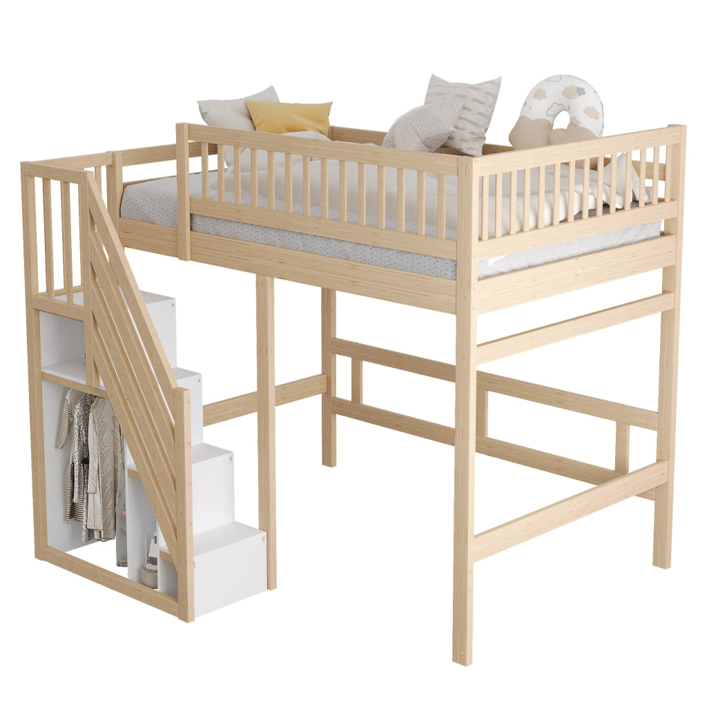Letto a soppalco 140 × 200 cm con scala contenitore e barriera alta in legno colore naturale