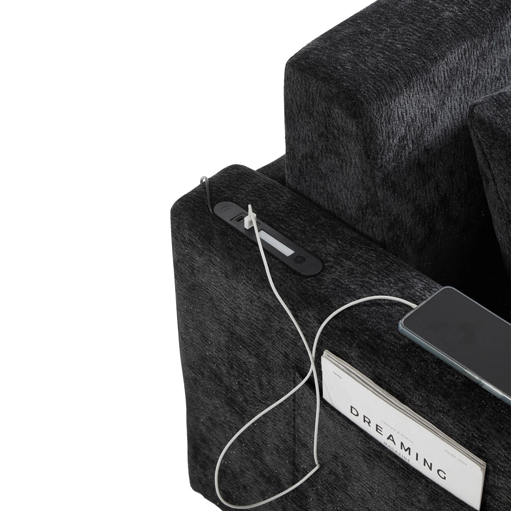 Divano letto 2 posti pieghevole con USB; portabicchieri e tasche laterali; nero/grigio