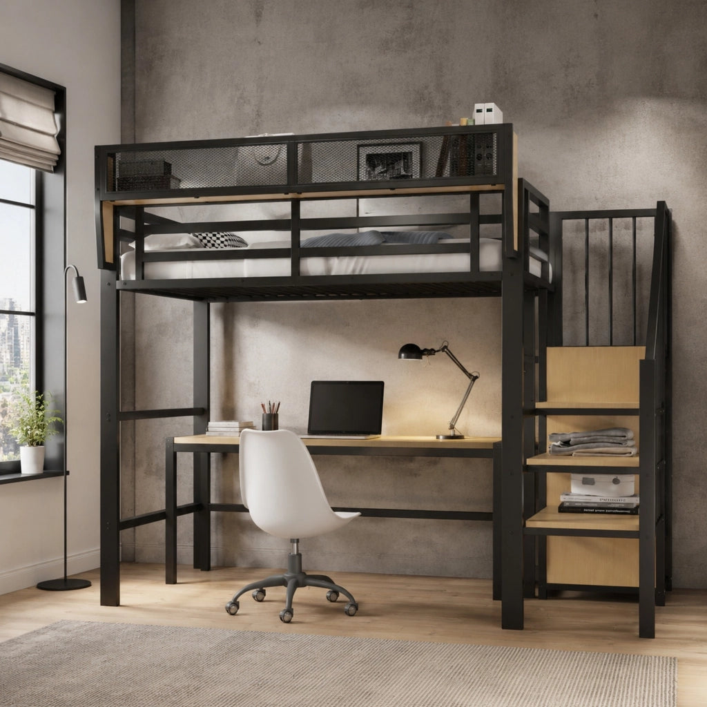 Letto a soppalco 90 × 200 cm con scala di sicurezza e ripiano regolabile in metallo nero