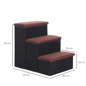 Scala pieghevole per animali domestici, 3 gradini con vano portaoggetti, MDF nero, 40x54x48 cm, per cani e gatti