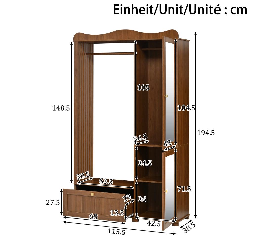 Garderobenschrank aus MDF in Nussbaum mit Ganzkörperspiegel und Offener Kleiderstange, 115,5x38,5x194,5 cm