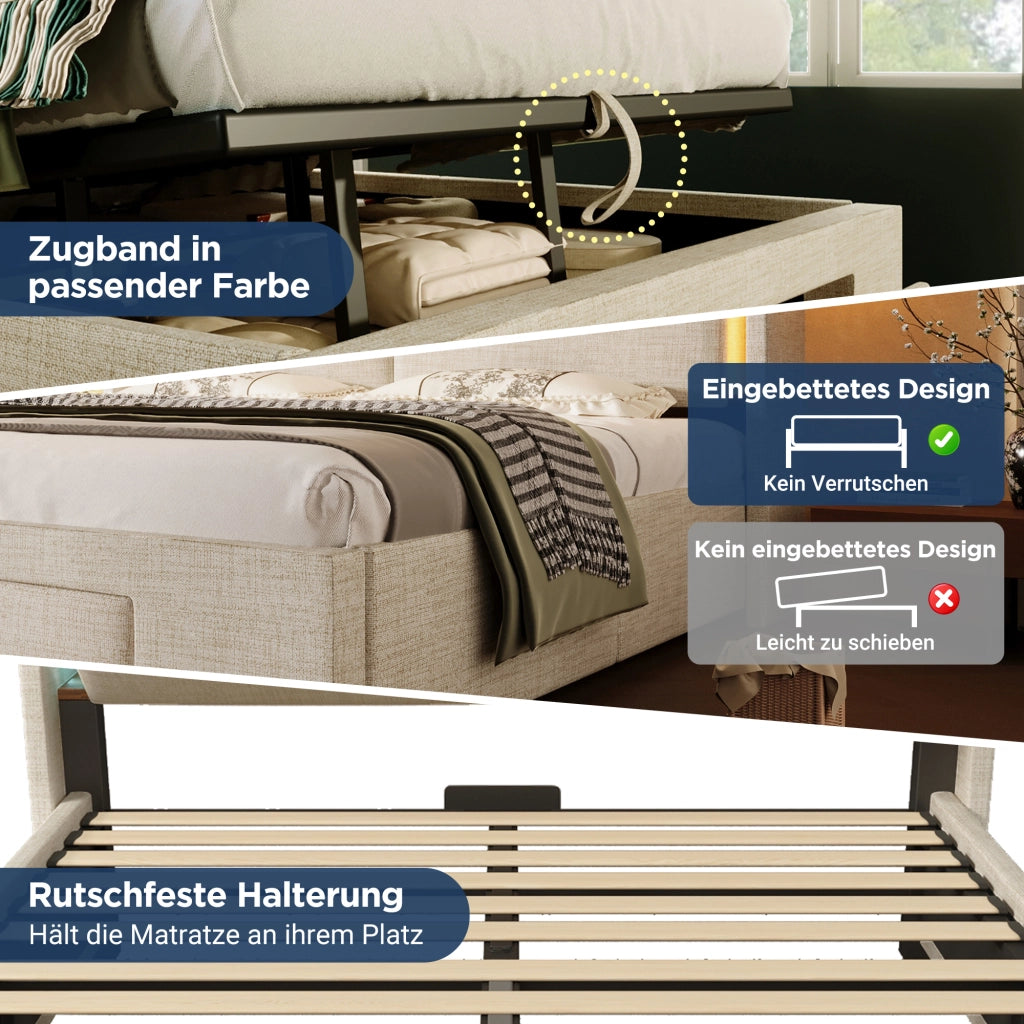 Letto Contenitore Singolo Imbottito 90x200 cm con Sollevamento Idraulico; LED; USB; USB-C; Beige