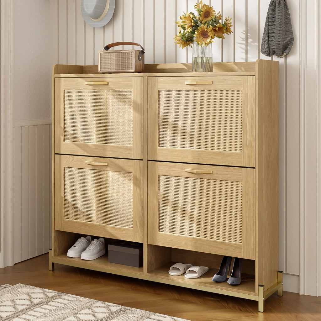 Scarpiera salvaspazio per ingresso con ripiano superiore in MDF e base in metallo rovere chiaro 108.5 × 24 × 100 cm