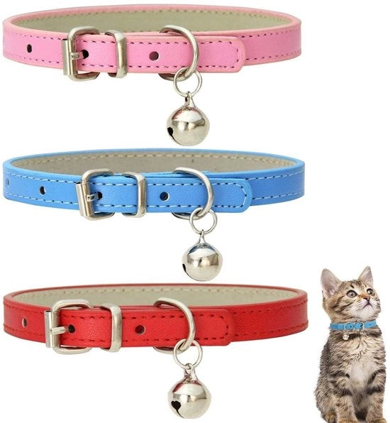 Collare per gatto - Sicuro - Fatto a mano in pelle - Rosso blu rosa - Con campanello - Adatto a tutti i gatti - 20-28 cm