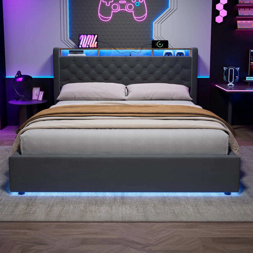 Letto contenitore matrimoniale 160x200cm;LED;vano contenitore;presa elettrica;testiera reclinabile;base imbottita;grigio scuro;materasso escluso
