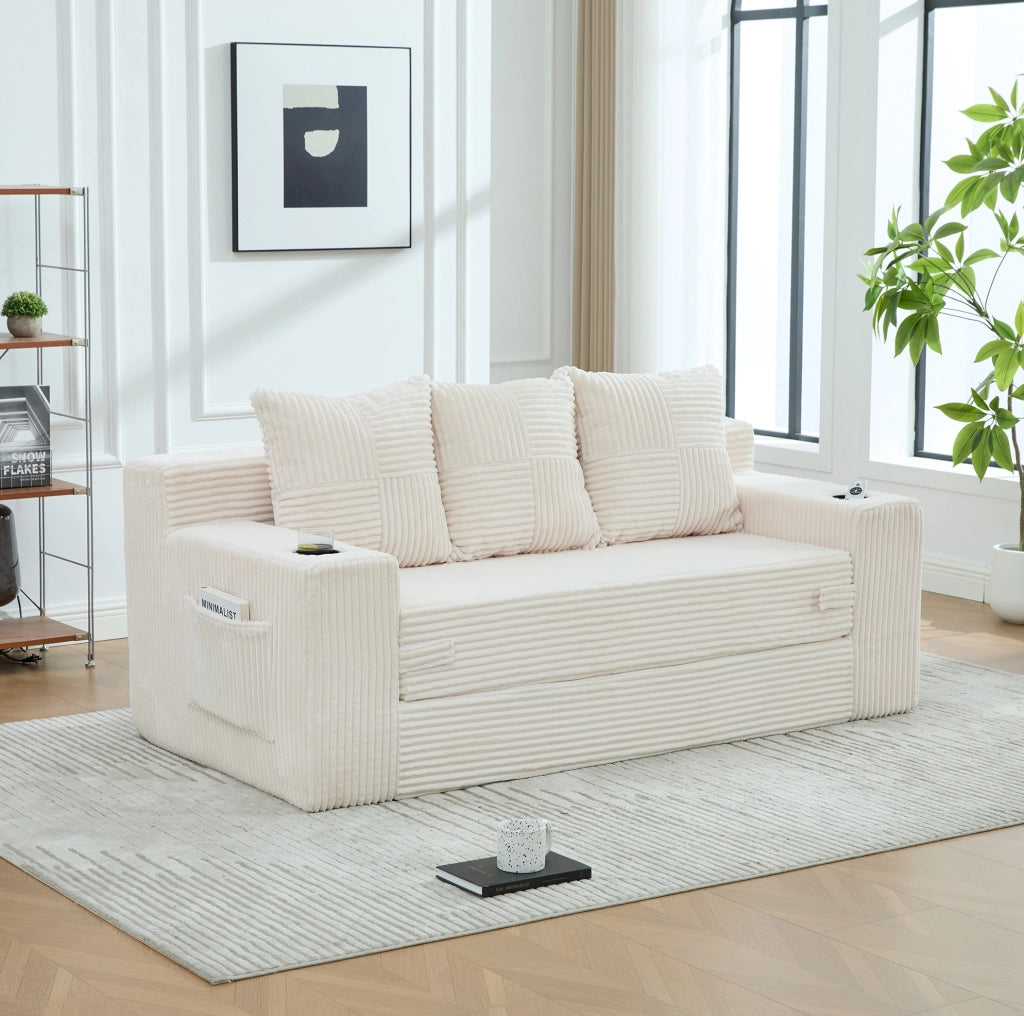 Divano modulare 2 posti 172x87x64 cm in velluto a coste beige con portabevande