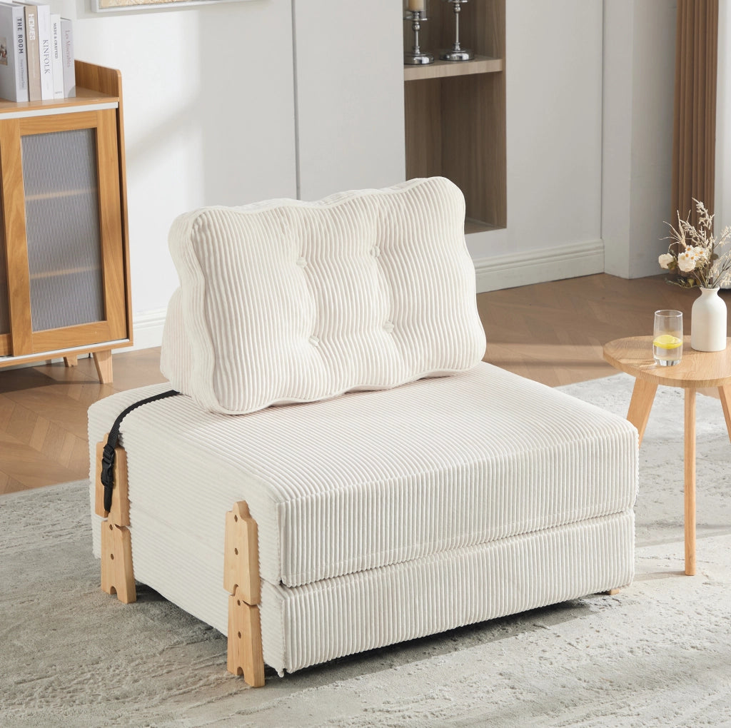 Poltrona letto pieghevole 90x86x84 cm in velluto a coste beige con legno massello
