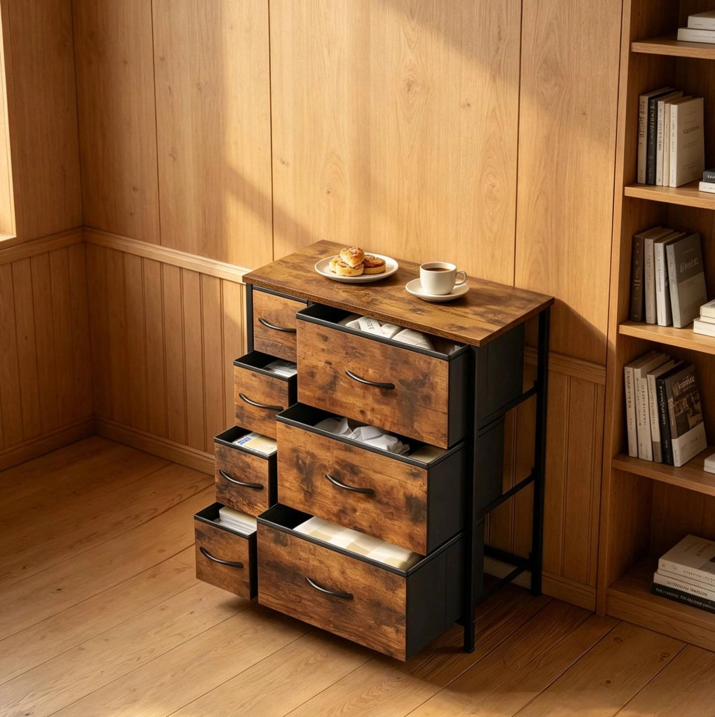 Cassettiera con 7 cassetti in tessuto; 63;5 x 30 x 73 cm; marrone rustico e nero
