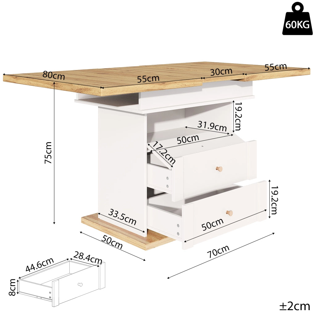 Tavolo allungabile con piano estensibile bilaterale e vano contenitore in MDF 110 × 80 × 75 cm