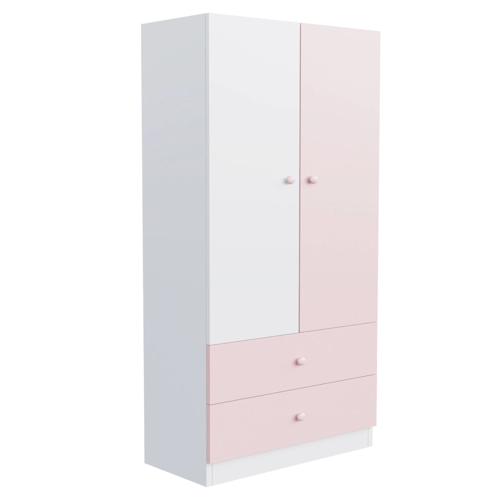 Armadio guardaroba rosa e bianco 70 x 40 x 170 cm, bicolore con due cassetti e ante, compensato e MDF