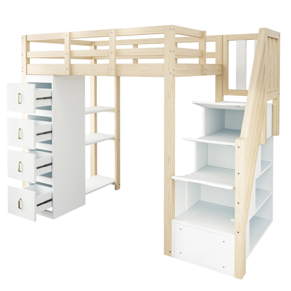 Letto a soppalco 90x200 cm in legno naturale con cassetti; ripiani e scala contenitore