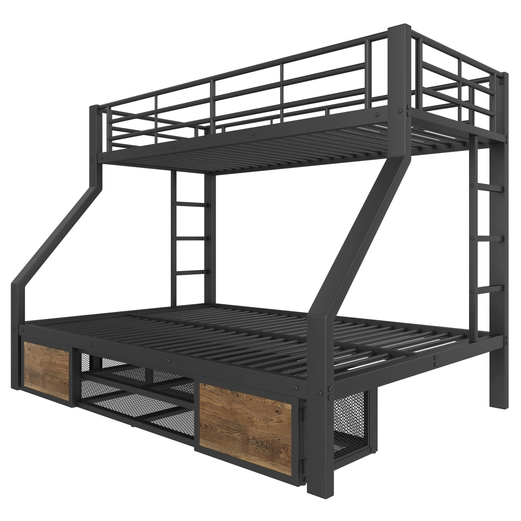 Letto a castello 3 posti 90×200 cm e 140×200 cm con scarpiera e vani; senza materasso; in metallo nero