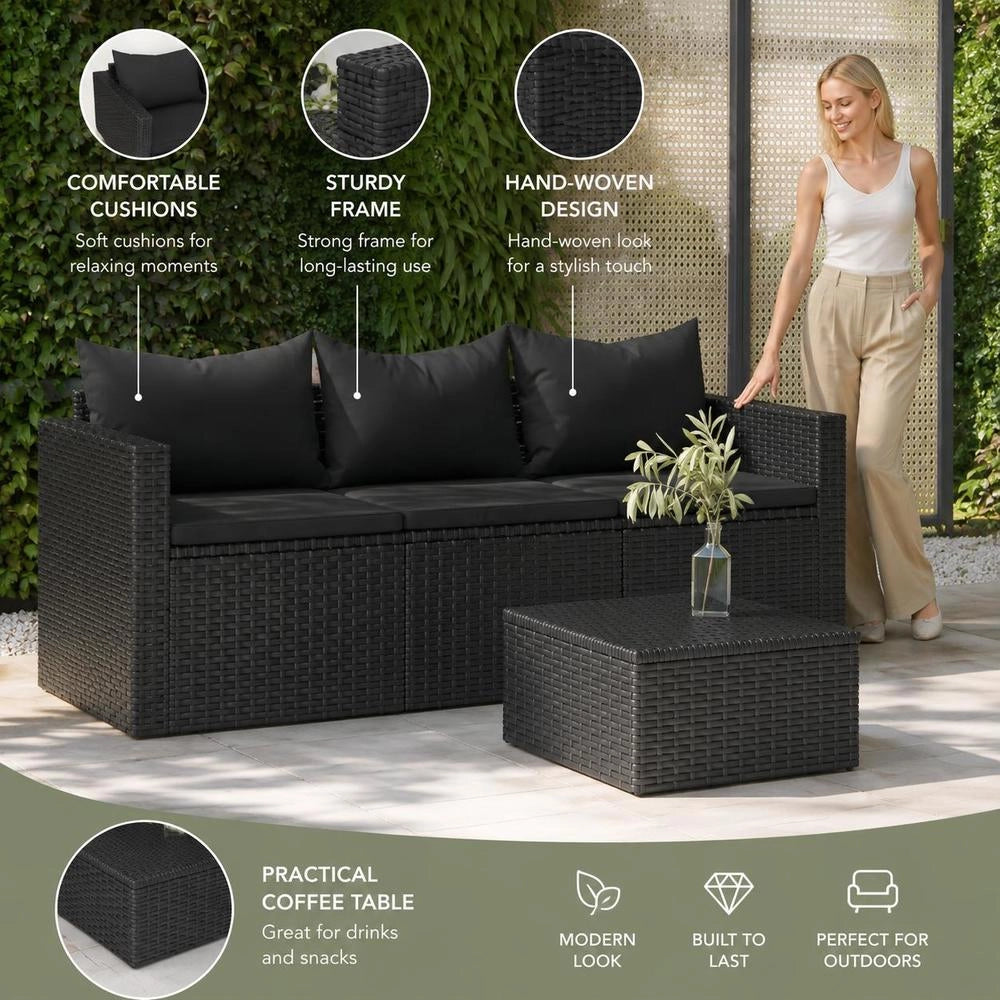 3-seater Garden Sofa With Cushions Black Poly Rattan