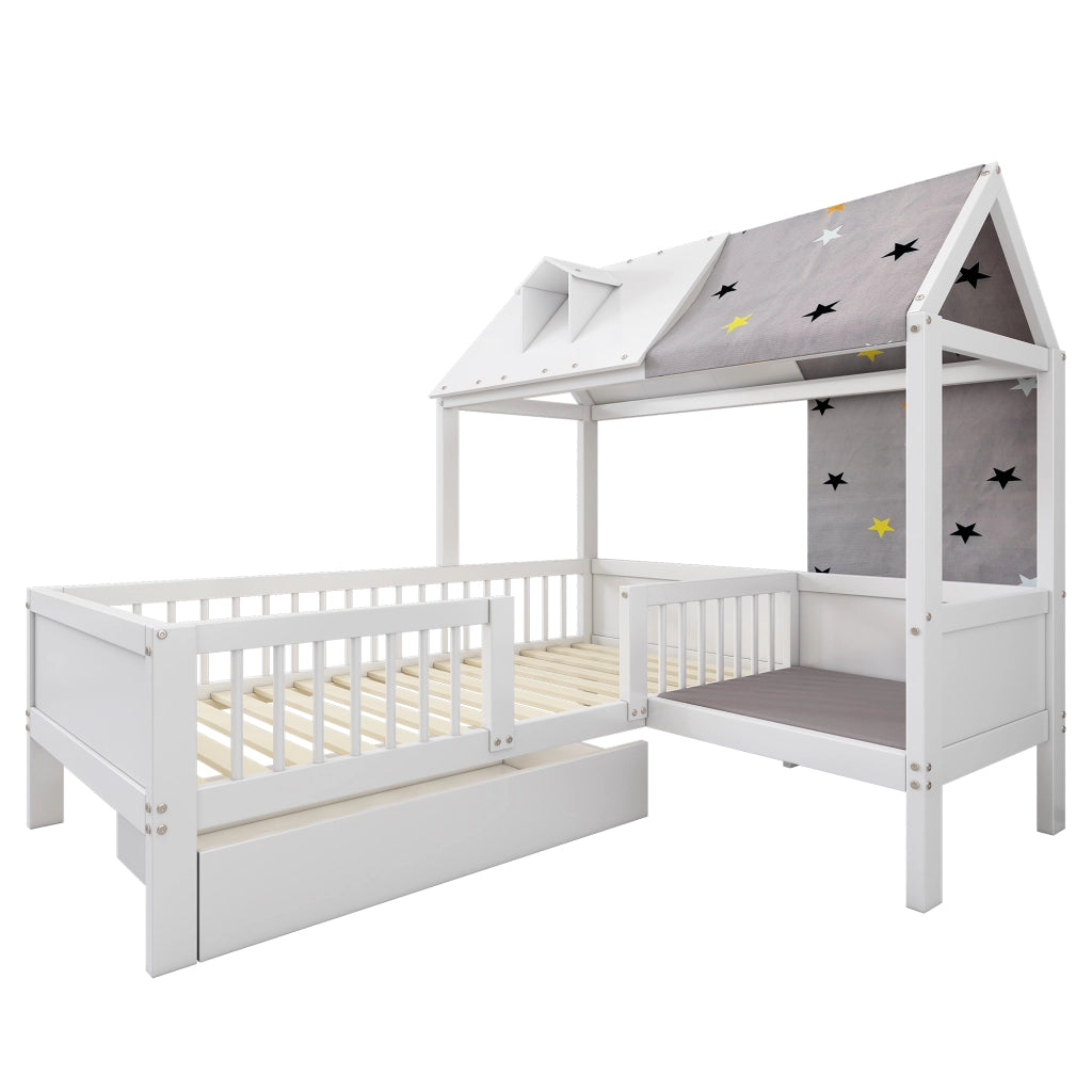 Letto singolo a casetta per bambini 90x200 cm con cassetti; legno massello e MDF bianco