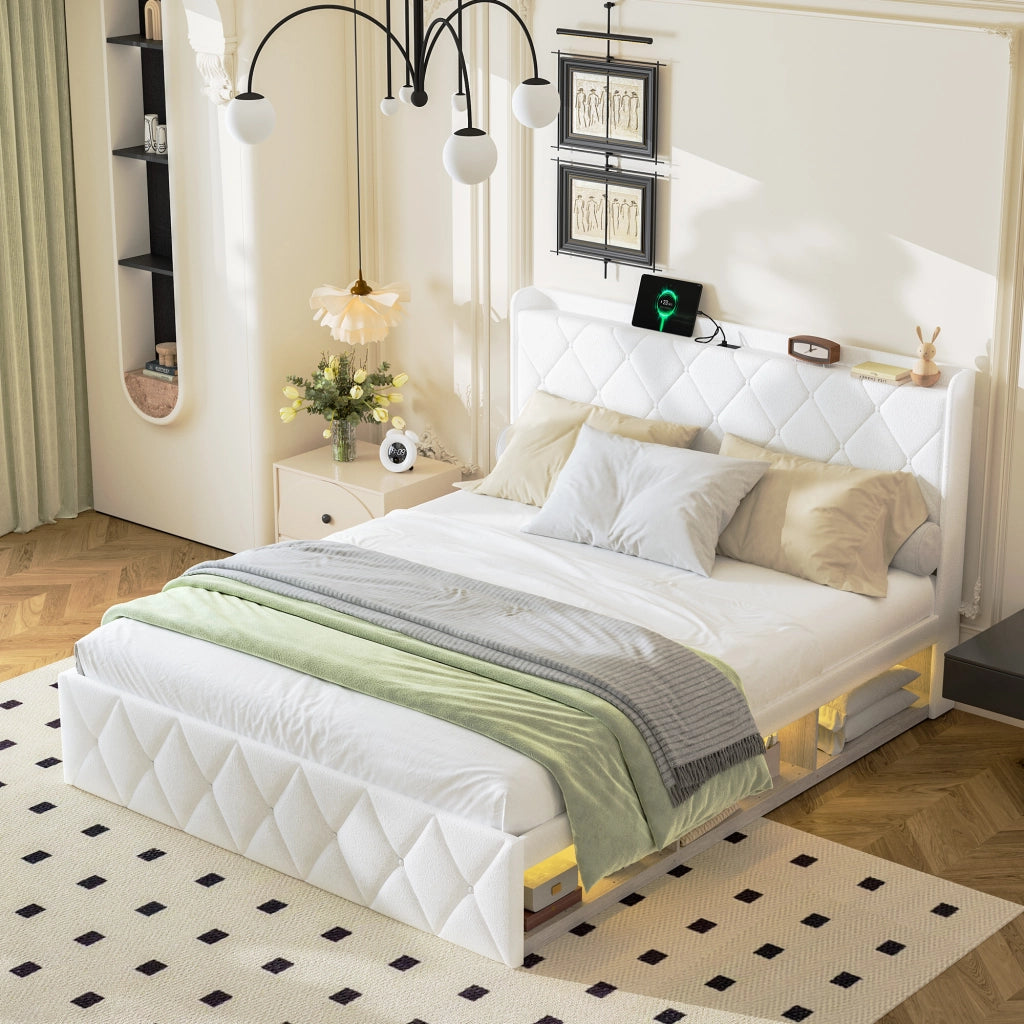 Letto imbottito 160 × 200 cm con testiera a orecchie; USB; prese e LED sottoletto in tessuto teddy bianco