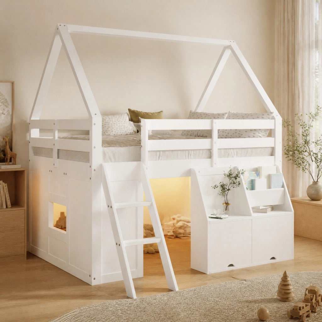 Letto a soppalco per bambini 140x200 cm a casetta con scala; LED e contenitori bianco HOMVRA