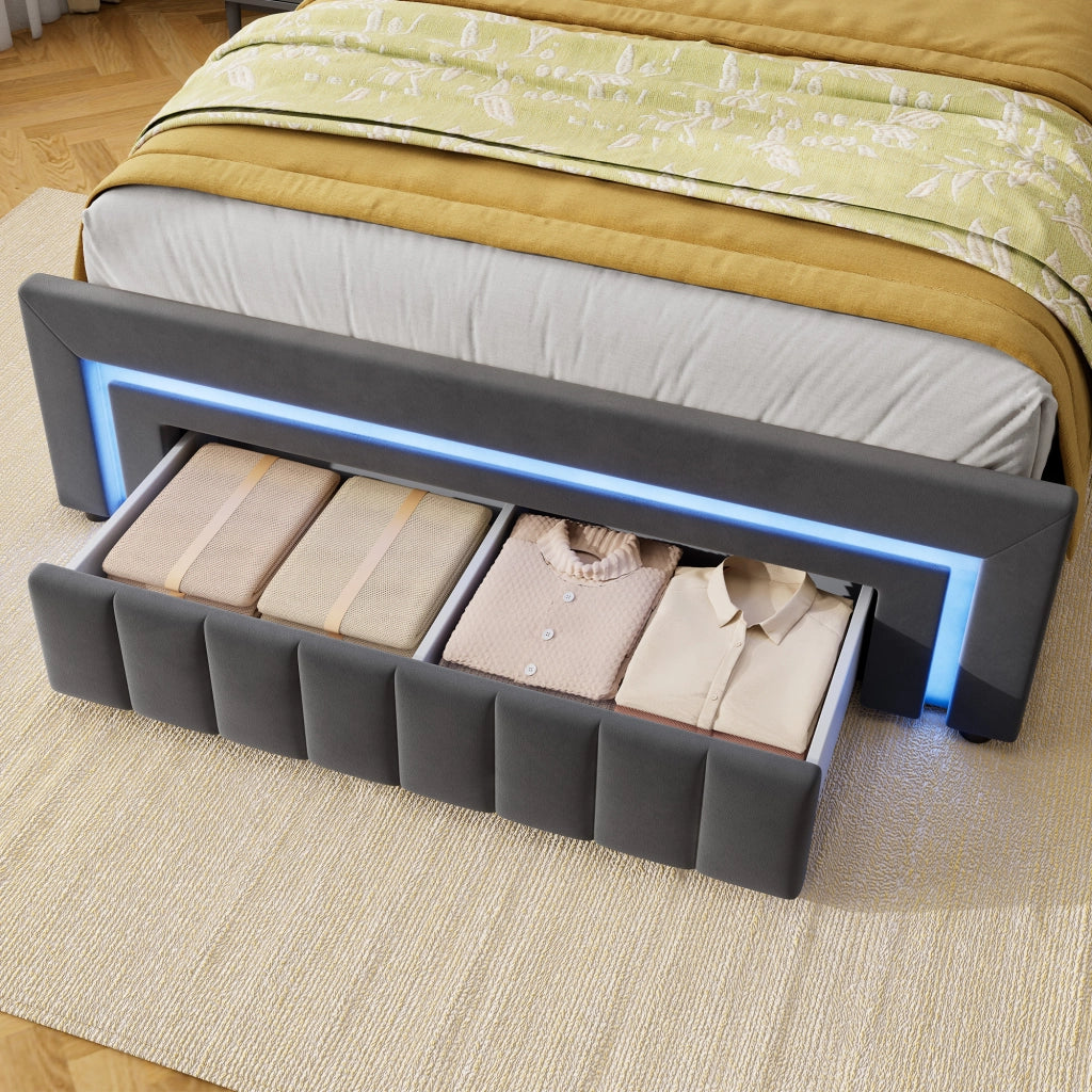 Letto imbottito grigio 140x200 cm con contenitore idraulico, LED e cassetto