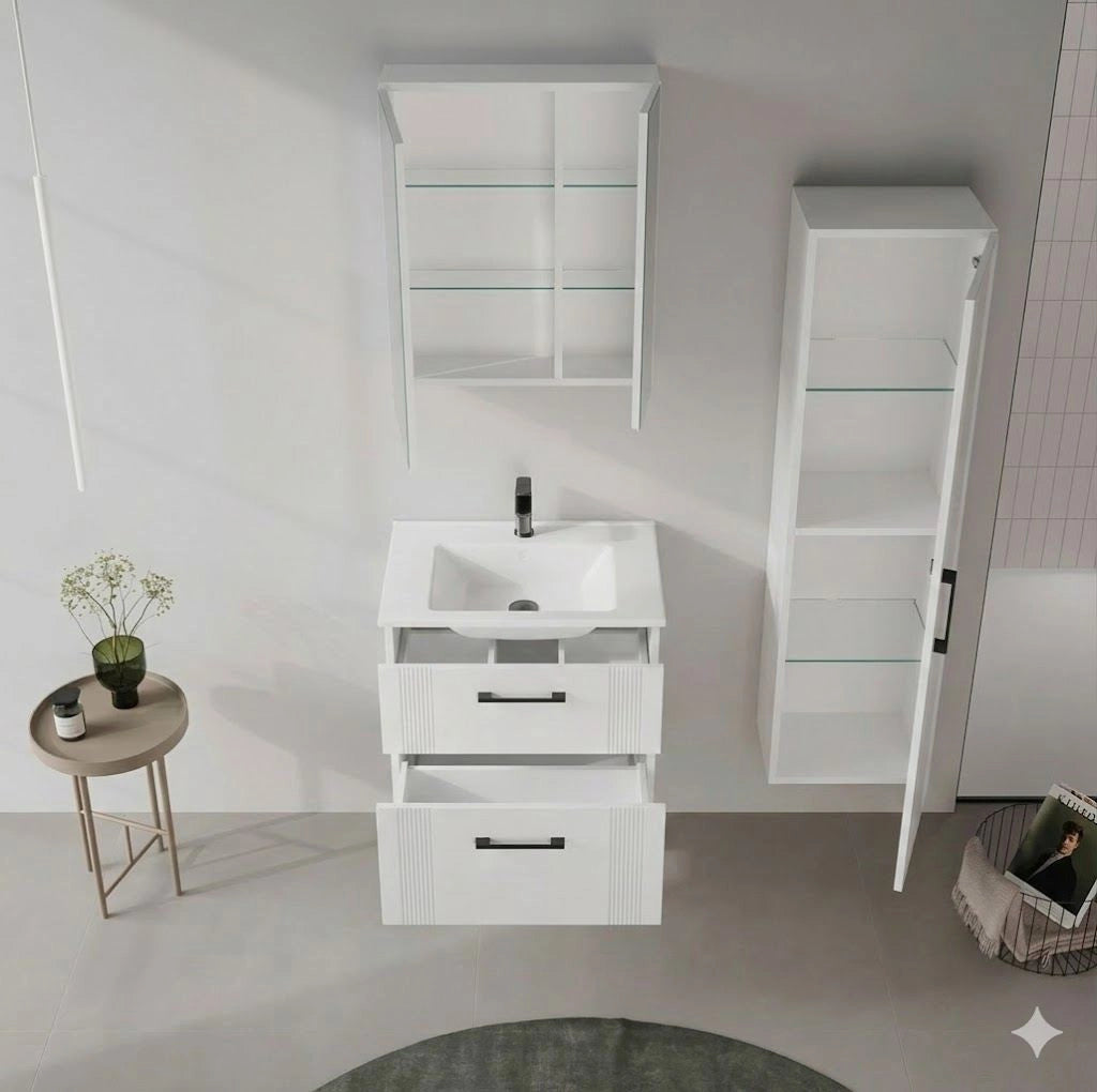 Set mobile lavabo con specchio (2 pezzi) "Bari 65 v2" - 65 x 45 x 55 cm - Bianco opaco