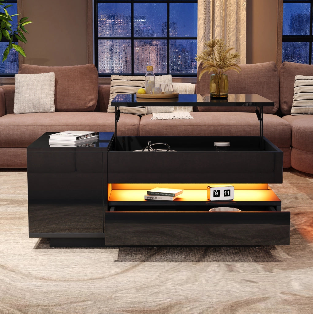 Tavolino da caff¨¨ elevabile 95x50 cm con LED, cassetto e vano in truciolare nero