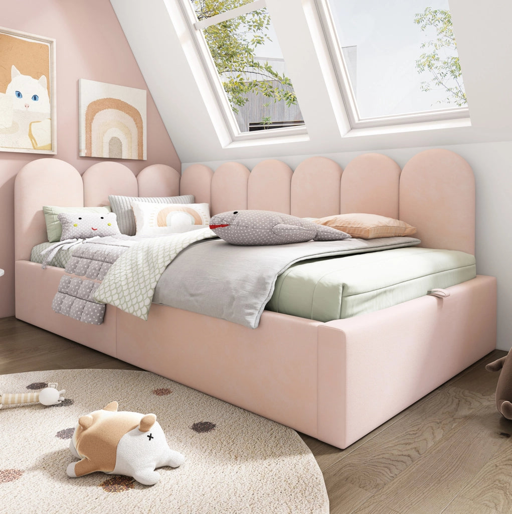 Letto da giorno 90x190 cm con contenitore idraulico in velluto rosa