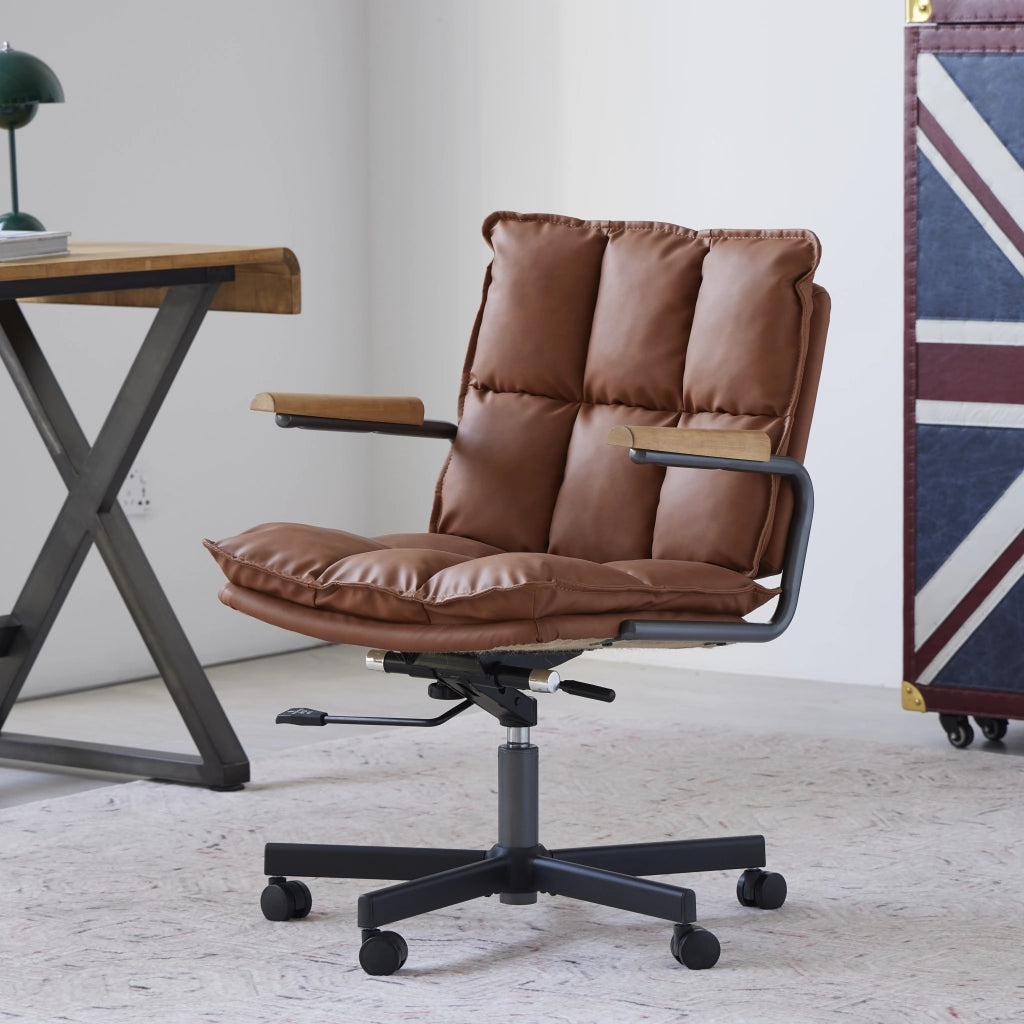 Sedia da ufficio ergonomica girevole con altezza regolabile e braccioli in rovere, in similpelle e metallo marrone
