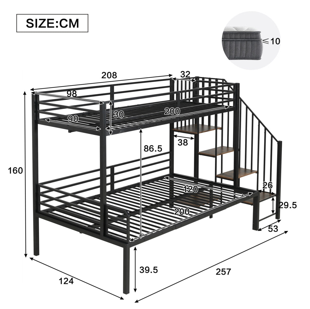 Letto a castello 90x200 / 120x200 cm in metallo e MDF; nero; con scaletta ad angolo con contenitore
