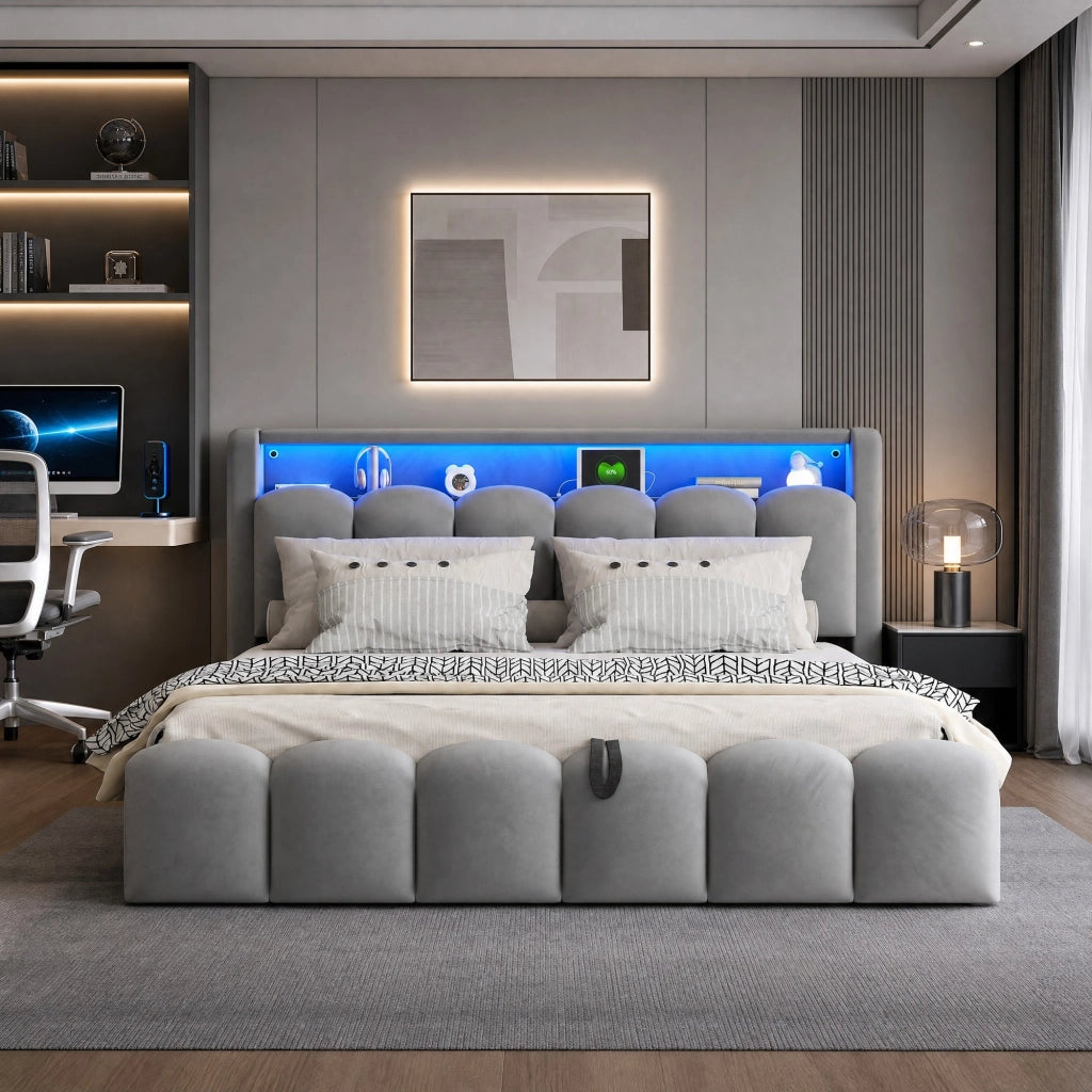 Letto matrimoniale imbottito 180x200 cm in velluto grigio con contenitore; LED e USB/Type-C
