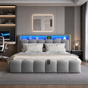 Letto matrimoniale imbottito 180x200 cm in velluto grigio con contenitore; LED e USB/Type-C