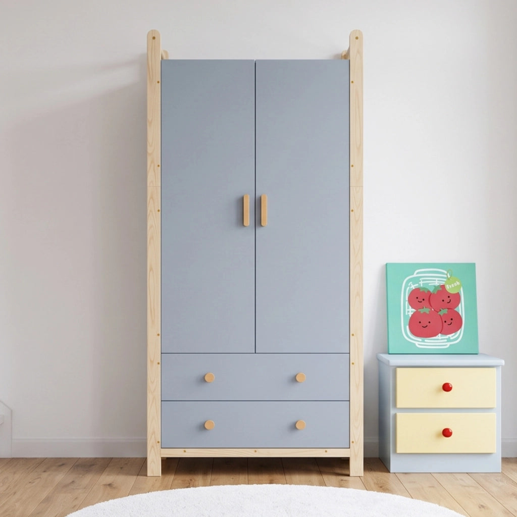 Armadio 2 ante con appendiabiti e 2 cassetti, struttura in truciolato blu, telaio in pino, 90x45x180 cm
