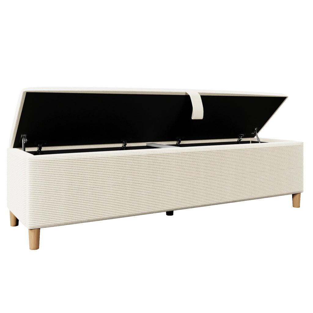 Panca contenitore 145x38 cm beige in tessuto a coste con apertura idraulica