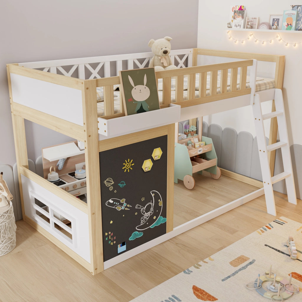 Letto a soppalco 90 × 200 cm con lavagna contenitore e scala inclinata in legno e MDF bianco naturale