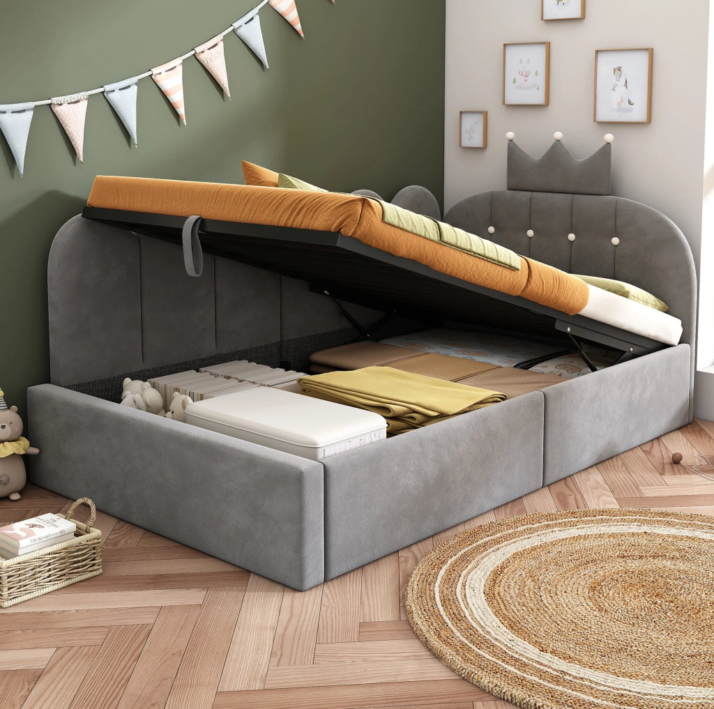 Letto da giorno 90x200 grigio in velluto con contenitore idraulico