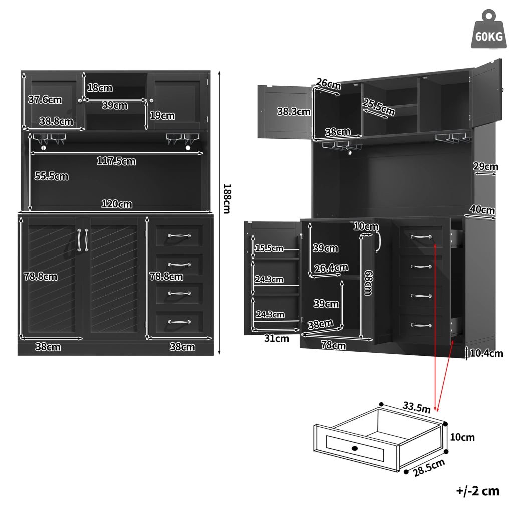 Credenza da cucina alta con LED, 4 ante, 2 cassetti e portabottiglie, per cucina, in MDF nero, 120 × 40 × 188 cm
